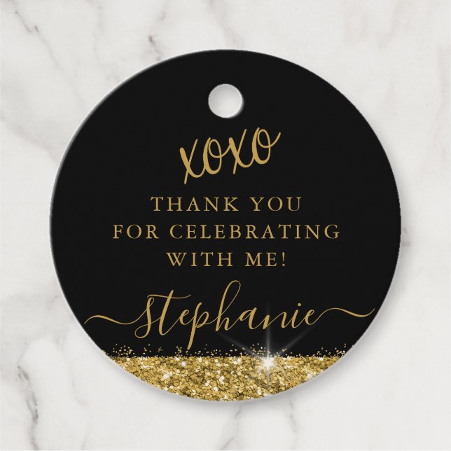 Étiquettes Cadeau Elegant Or Noir Pailleté Merci Personnalisé (Devant)