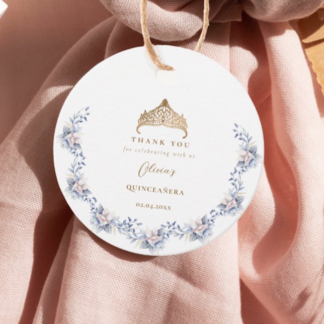 Étiquettes Cadeau Elégant or Tiara Blue Floral Quinceañera (Créateur téléchargé)
