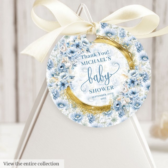Étiquettes Cadeau Elégant pastel bleu fleurs or baby shower faveur (Elegant pastel blue flowers gold baby shower favor tags)