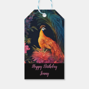Étiquettes-cadeau Elégant Peacock Bleu et Or dans Jardin coloré