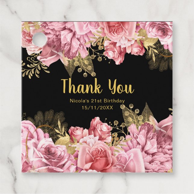 Étiquettes Cadeau Elegant Pink and Gold Flowers Birthday Party (Devant)