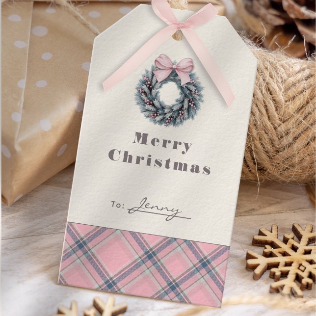 Étiquettes-cadeau Elegant Pink Coquette Xmas Wreath Preppy Plaid (Elegant Pink Coquette Xmas Wreath Preppy Plaid Gift Tags )