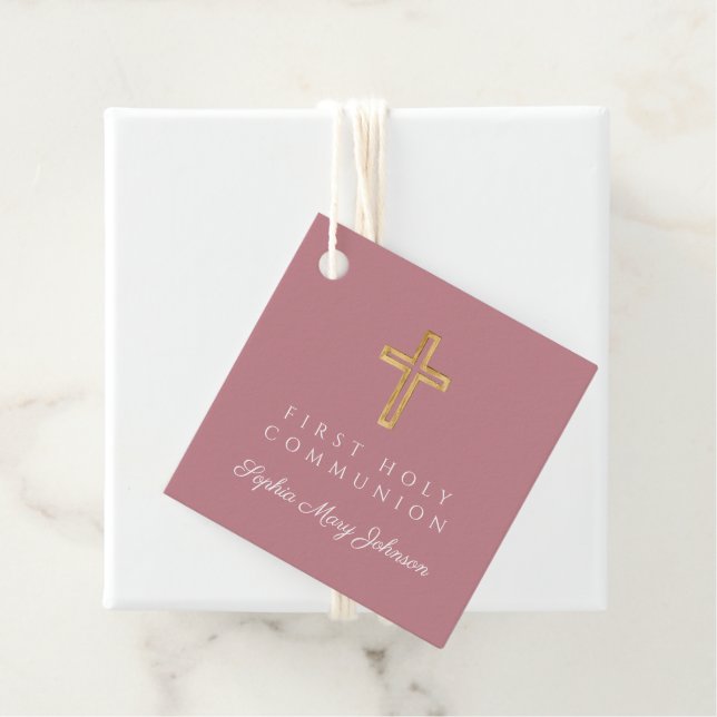 Étiquettes Cadeau Elegant Pink Cross Girl First Communion (En situation)