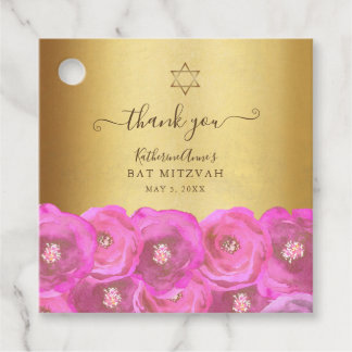 Étiquettes Cadeau Elegant Pink Floral Gold Bat Mitzvah Thank You