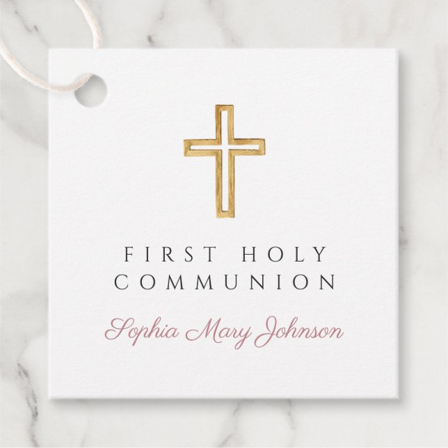 Étiquettes Cadeau Elegant Pink Script Cross Girl First Communion (Devant)