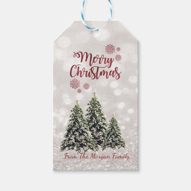 Étiquettes-cadeau Élégant, Pins Arbres, Glittery Bokeh (Devant)