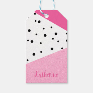 Étiquettes-cadeau Elégant pois noirs en cuir rose géométrique modern