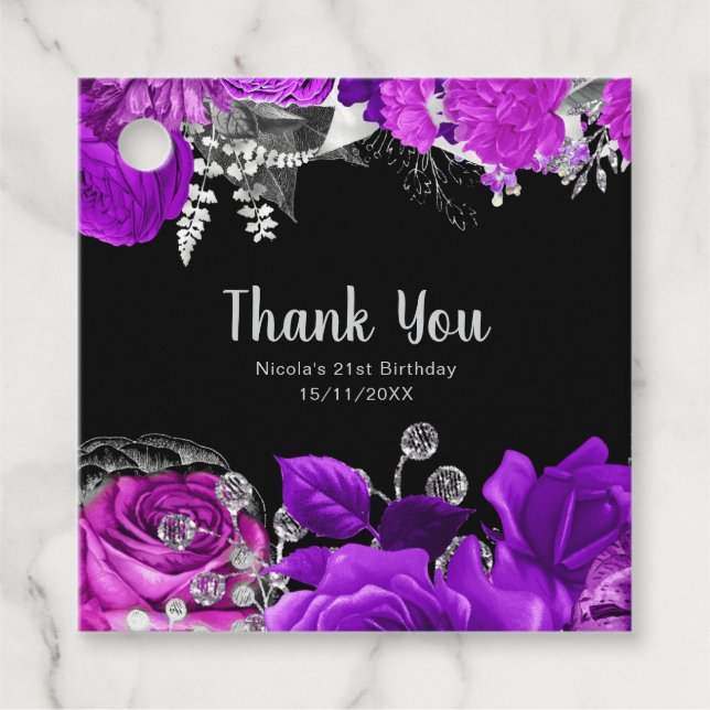 Étiquettes Cadeau Elegant Purple and Silver Flowers Birthday Party  (Devant)