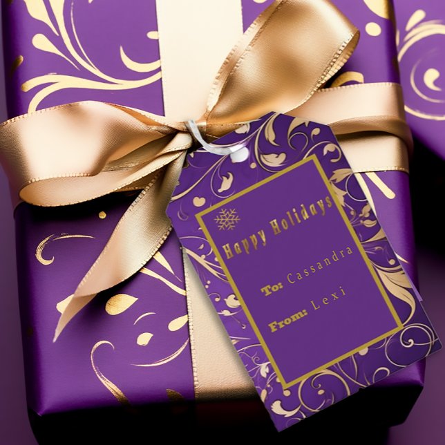 Étiquettes-cadeau Elégant Purple & Gold Damask 'Joyeux Vacances' (Créateur téléchargé)
