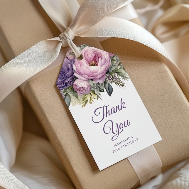Étiquettes-cadeau Élégant Purple Rose Floral 50e anniversaire (Elegant purple watercolor floral birthday party thank you gift tags.)