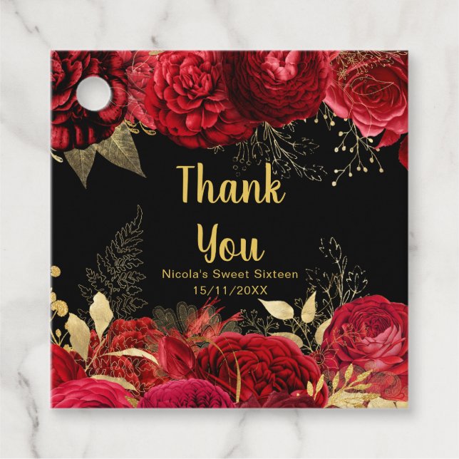 Étiquettes Cadeau Elegant Red and Gold Flowers Sweet Sixteen (Devant)