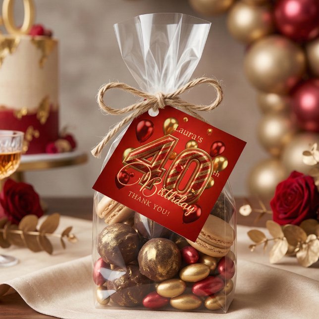 Étiquettes Cadeau Elegant Red Gold Balloons 40th Birthday Thank You (Créateur téléchargé)