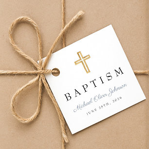 Étiquettes Cadeau Élégant Religieux Dusty Croix Bleue Baptême