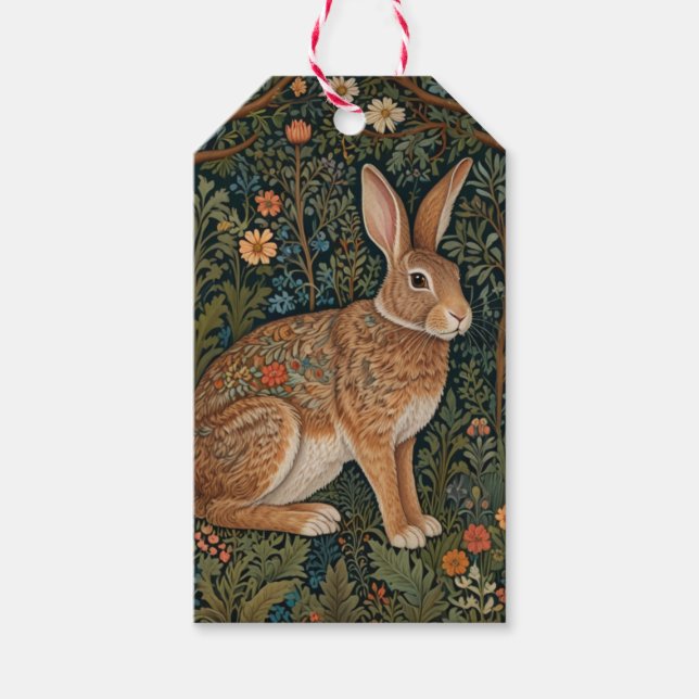 Étiquettes-cadeau Élégant retro lapin boisé boisé fleuri (Devant)