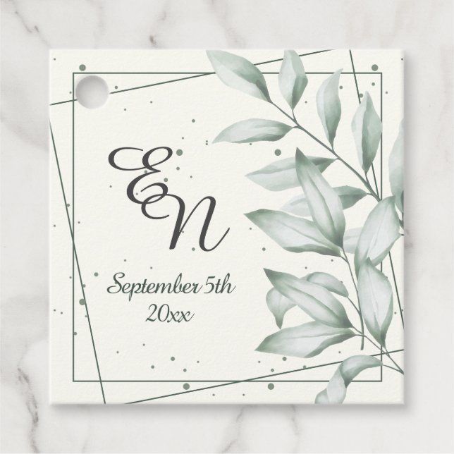 Étiquettes Cadeau Élégant romantique Monogramme Vert Feuille Mariage (Devant)