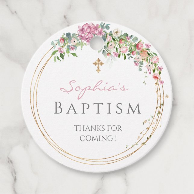Étiquettes Cadeau Elégant rose Aquarelle Floral Girl Baptism (Devant)