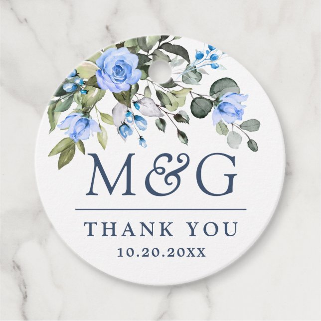 Étiquettes Cadeau Elégant Rose bleu Eucalyptus Mariage floral  (Devant)