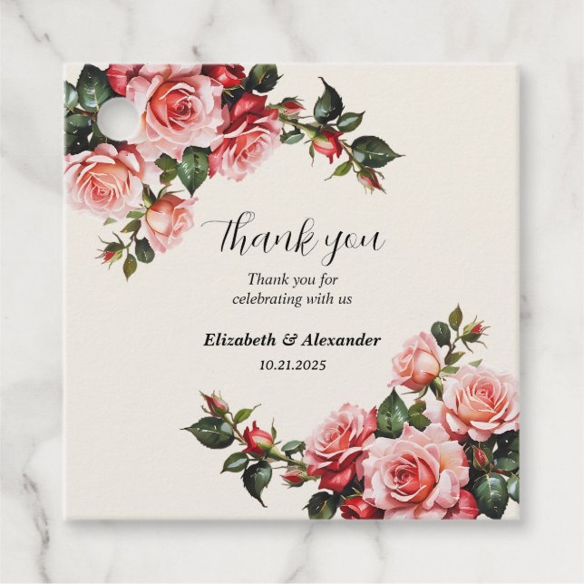 Étiquettes Cadeau Élégant rose et roses rouges mariage floral (Devant)