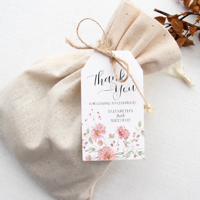 Étiquettes-cadeau Elégant rose floral 80e anniversaire Merci (Créateur téléchargé)