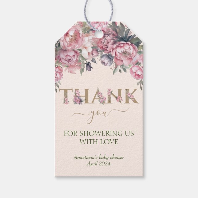 Étiquettes-cadeau Élégant Rose Floral Baby shower rose Merci (Devant)