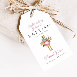 Étiquettes-cadeau Élégant rose Floral Cross Girl Baptism