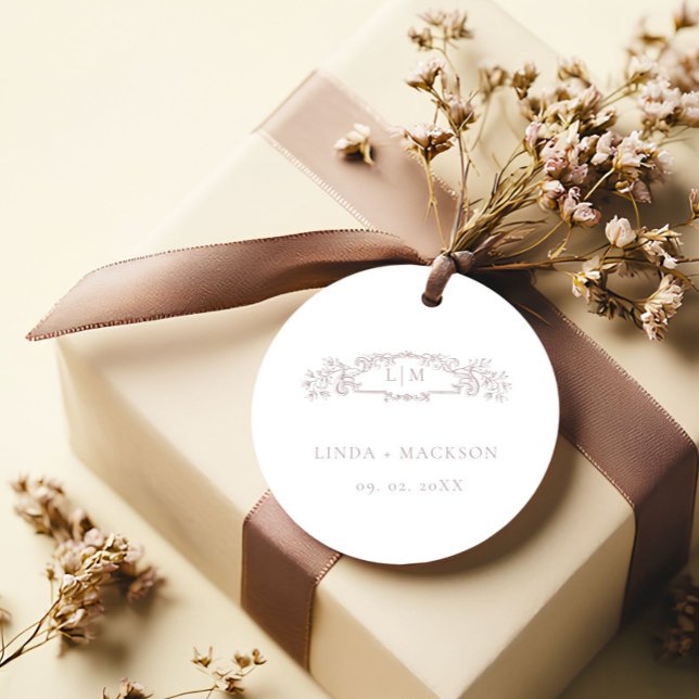 Étiquettes Cadeau Élégant Rose mariage de monogramme de crête botani (Créateur téléchargé)