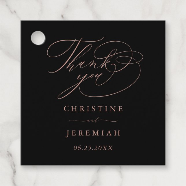 Étiquettes Cadeau Élégant Rose noir Mariage Merci or (Devant)
