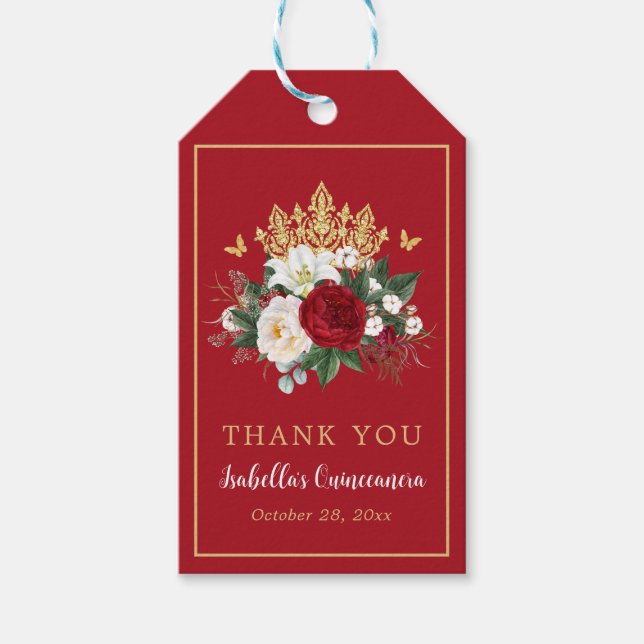 Étiquettes-cadeau Elégant Rouge Floral Quinceañera Merci Favoriser (Devant)