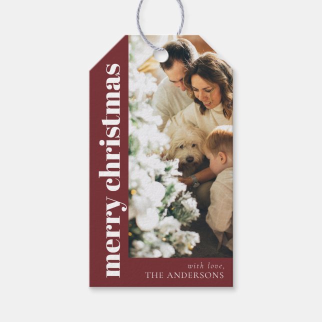Étiquettes-cadeau Elégant Rouge Joyeux Noël Famille Photo (Devant)