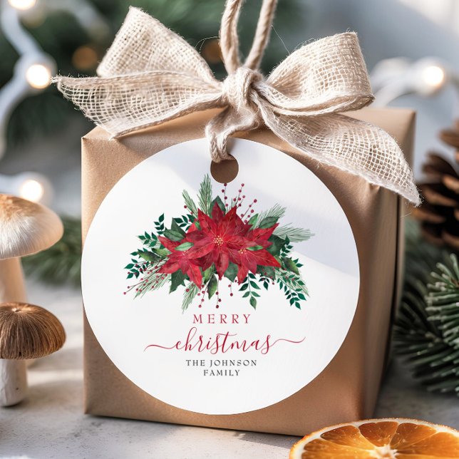 Étiquettes Cadeau Élégant Rouge Poinsettia Floral Script Noël (Elegant Red Poinsettia Floral Script Christmas Favor Tags)