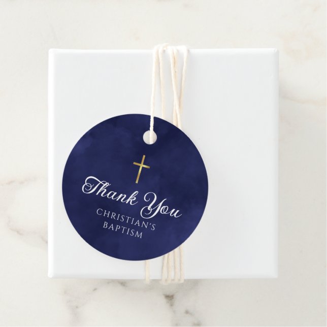 Étiquettes Cadeau Elégant Royal Blue Baptism Boy Merci (En situation)