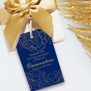 Étiquettes-cadeau Elégant Royal Blue Gold Floral Sketch Quinceanera