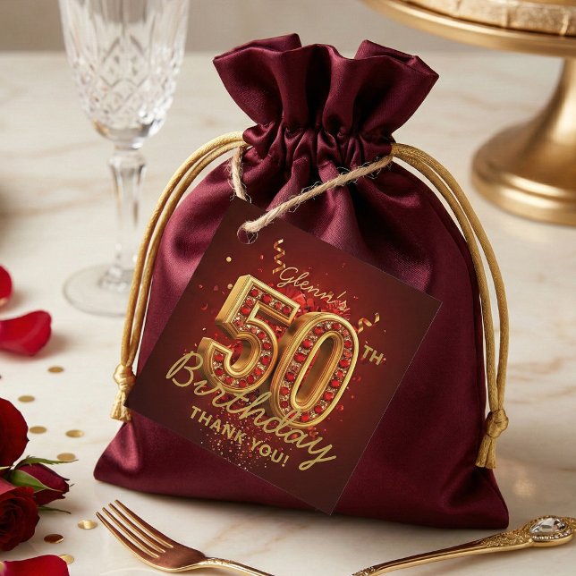 Étiquettes Cadeau Elegant Ruby Red and Gold 50th Birthday Thank You (Créateur téléchargé)