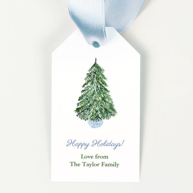 Étiquettes-cadeau Élégant sapin de Noël Ginger Joyeux Noël (Minimalist christmas tree in chinoiserie planter happy holidays gift tags)