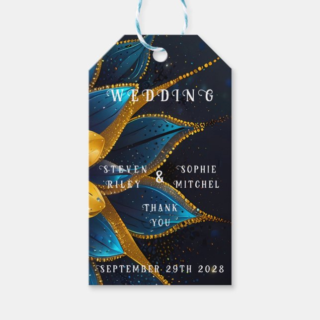 Étiquettes-cadeau Élégant Sapphire et Mariage Floral Or (Devant)