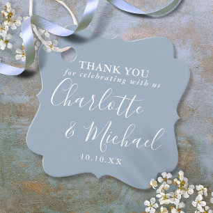 Étiquettes Cadeau Élégant Script Dusty Mariage bleu Merci
