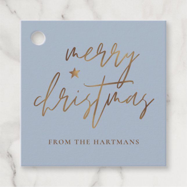Étiquettes Cadeau Élégant Script Joyeux Noël Gold Star Bleu (Devant)
