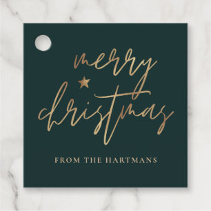 Étiquettes Cadeau Élégant Script Joyeux Noël Gold Star Dark Turquois