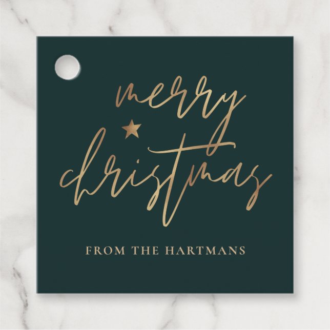 Étiquettes Cadeau Élégant Script Joyeux Noël Gold Star Dark Turquois (Devant)