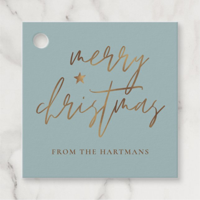 Étiquettes Cadeau Élégant Script Joyeux Noël Gold Star Lite Turquois (Devant)