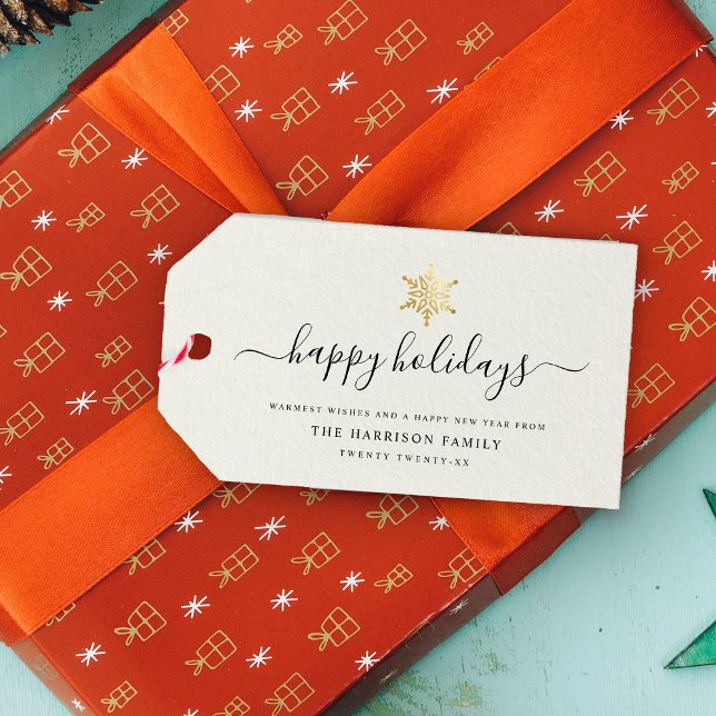 Étiquettes-cadeau Élégant script moderne Gold Snowflake Joyeux vacan (Créateur téléchargé)