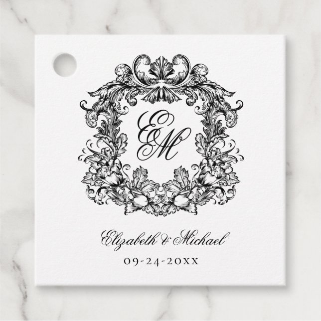 Étiquettes Cadeau Élégant Script Monogram Crest Mariage (Devant)