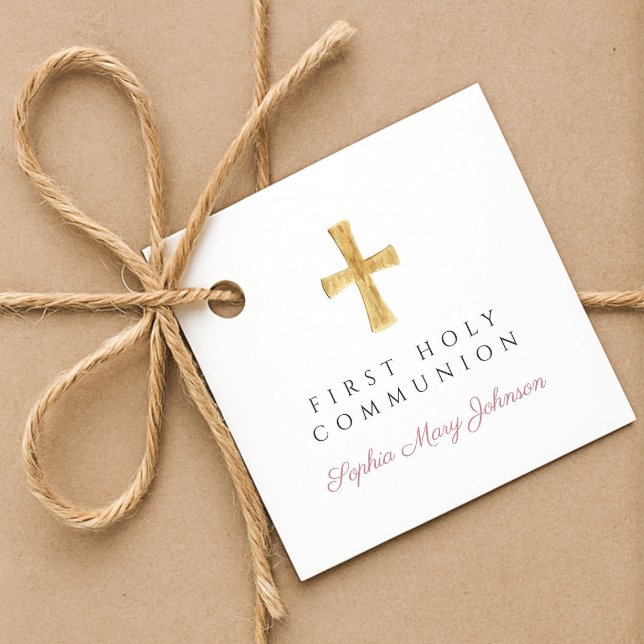 Étiquettes Cadeau Élégant script rose Croix première communion (Elegant Pink Script Cross First Communion Favor Tags)