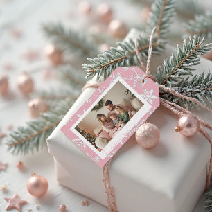 Étiquettes-cadeau Élégant Snowflakes rose Vintage Photo Holiday
