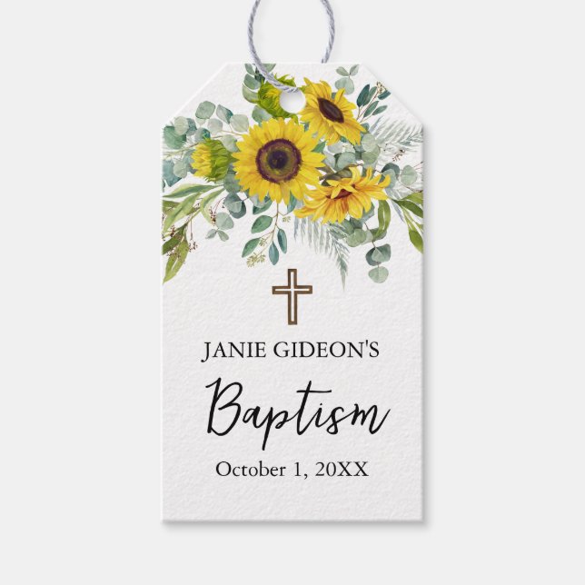 Étiquettes-cadeau Elegant Sunflower & Eucalyptus Boho Cross Baptism (Devant)