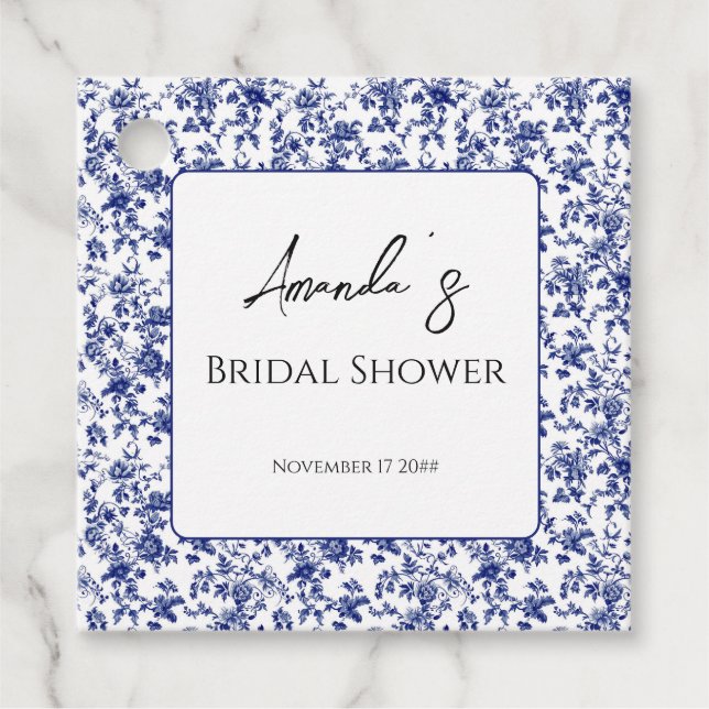 Étiquettes Cadeau Élégant Toile Fleurs Bleues Baby Shower de Mariage (Devant)