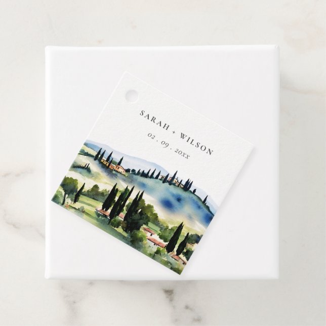 Étiquettes Cadeau Elégant Toscane Italie Aquarelle Mariage paysage (En situation)