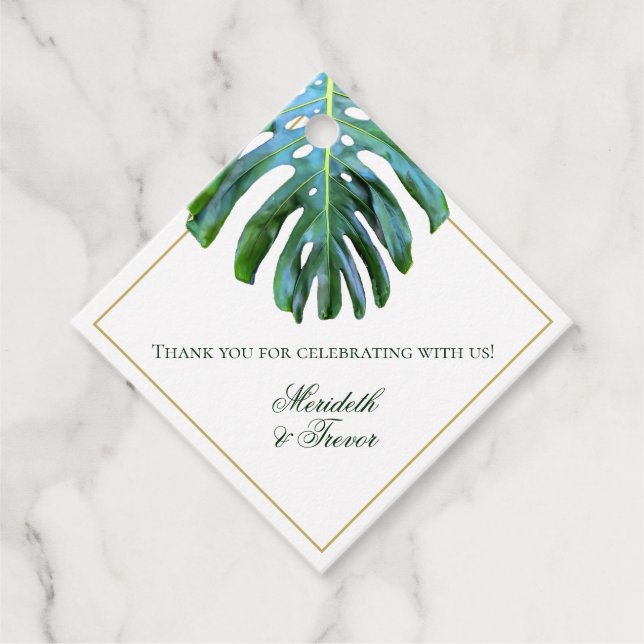 Étiquettes Cadeau Elégant Tropical Green Gold Monstera Feuille (Devant)