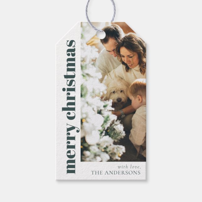 Étiquettes-cadeau Élégant vert moderne Joyeux Noël Famille Photo (Devant)