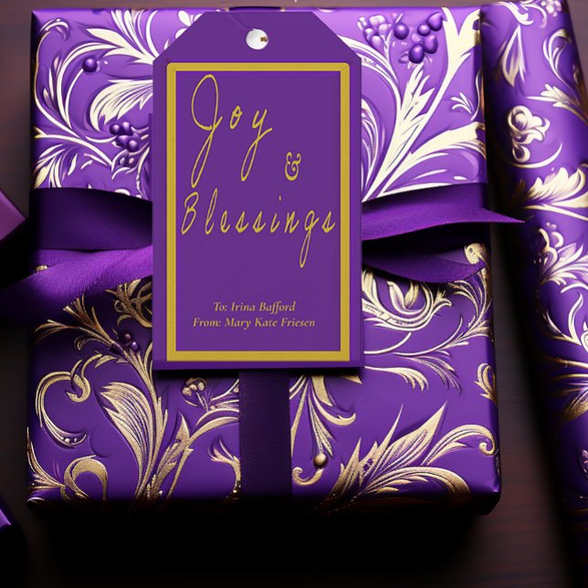 Étiquettes-cadeau Élégant Violet et Or 'Joie et Bénédictions' (Elegant Royal Purple and Gold Script 'Joy & Blessings' Gift Tag)